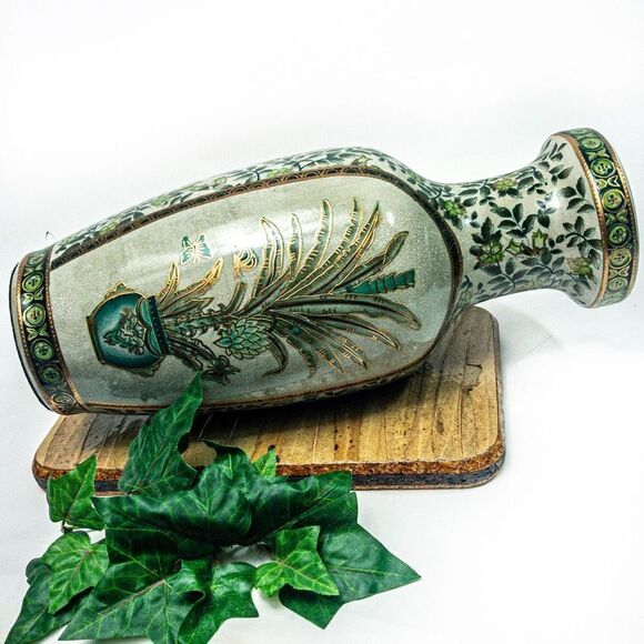 Porcelain Vase Green/Gold Botanical Motif Hand Painted Gilt Accent China - Picture 6 of 13